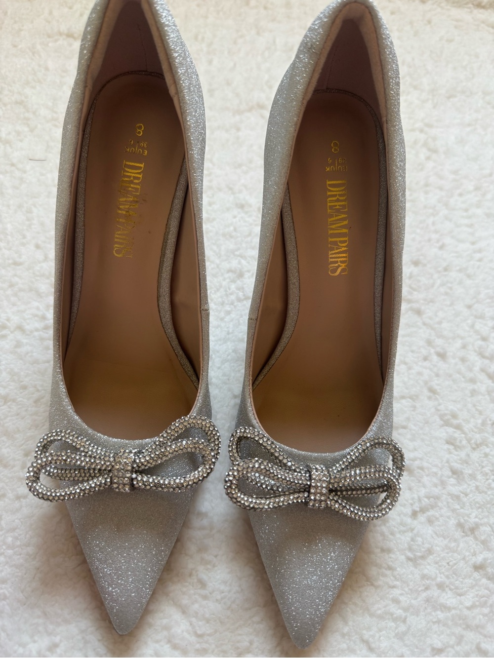 Dream Pairs Silver Glitter Rhinestone Bow Pointed Toe Stiletto Heels 8